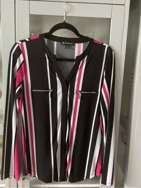 INC International Concepts Black, White & Hot Pink Striped Zip-Pocket Top
